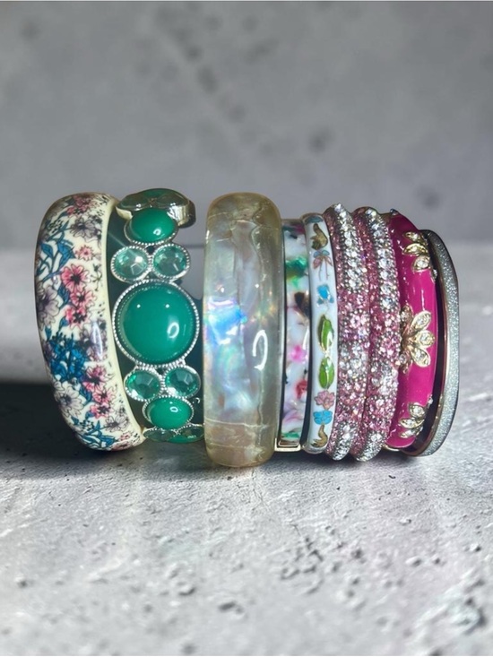 A Signature Faith Jewelry - Signature Faith Chic Floral Cloisonne Bangle Bracelet Stack Set Boho Pink Green